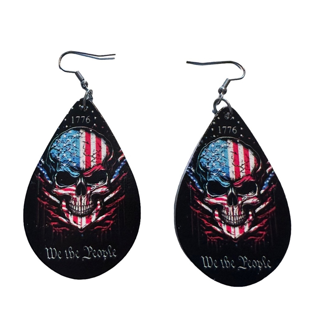Patriotic Skull 1776 We The People Red White & Blue Wood Earrings